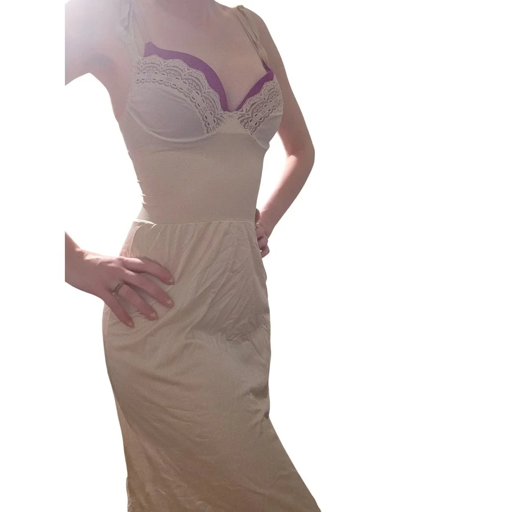 Vintage Lace Trim Full Slip Beige Mid-Length Lingerie Underdress Sleeveless - Picture 4 of 4